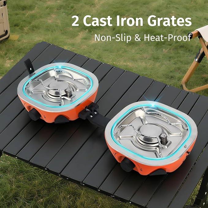 Propane Camping Stove 20,000 BTU - Portable 2 Burner Gas Stove with Adjustable Flame Control, Piezo Ignition, Carry Bag & Propane Adapter Hose, Folding Design for Camp, BBQ, Tailgating, Orange