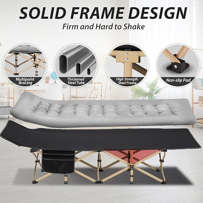 Folding Camping Cot for Sleeping, Portable Cots for Adults, Heavy Duty Cot Bed 550LBS(Max Load), Extra Wider Cots with Large Pocket for Outdoor, Office, Beach