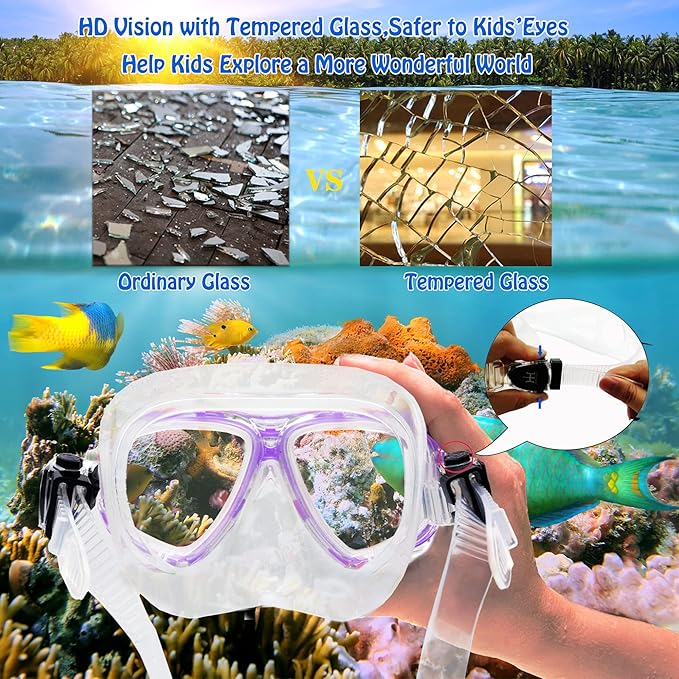 Kids Mask Fins Snorkel Set Snorkeling Packages, with Diving Mask, Snorkel, Adjustable Swim Fins, Mesh Bag, Anti-Fog Anti-Leak Snorkeling Gear for Kids for Snorkeling Swimming Diving