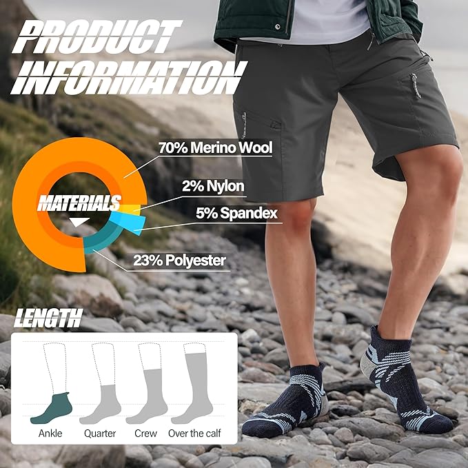 ANTSANG 6 Pairs Merino Wool Ankle Hiking Running Socks Compression Thick Cushion Breathable No Show Socks for Men Women