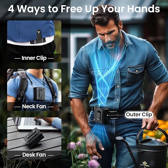 2025 AI Portable Waist Fan 12000mAh with Filter, MAX 17000RPM Powerful 5 Speeds, 40H Cooling, Rechargeable Belt Fan with Power Bank&LED Light, Wearable Shirt Fans Clip On for Outdoor Jobsite Travel