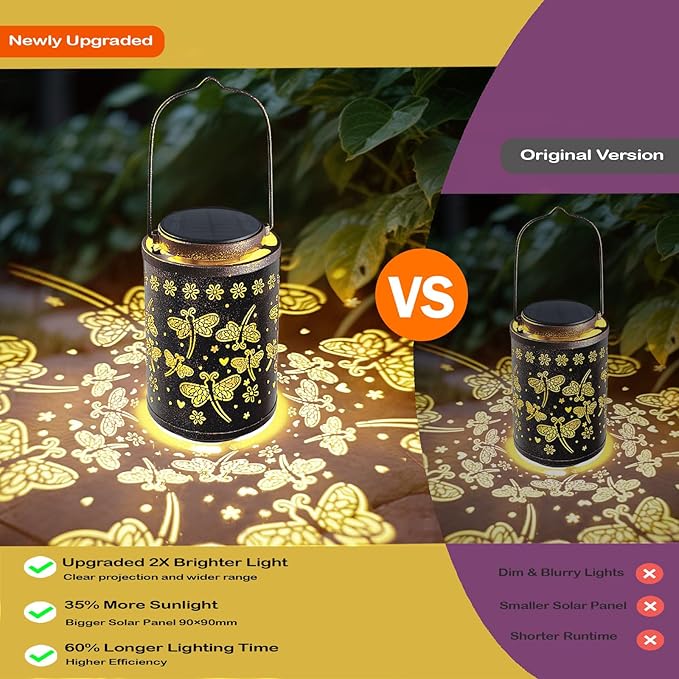 2025 Upgraded Dragonfly Solar Lanterns Outdoor Waterproof Hanging Lights, Hollowed-Out Metal Solar Lantern for Garden, Patio, Porch, Yard Decorations & Gifts for Women, Mom, Grandma
