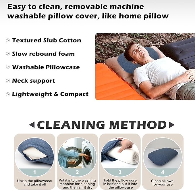 Memory Foam Camping Pillow - Lightweight & Portable Small Travel Pillow for Airplane & Train Travel, Camping, Backpacking, Removable Washable Cover, Easy to Clean, Includes Storage Bag