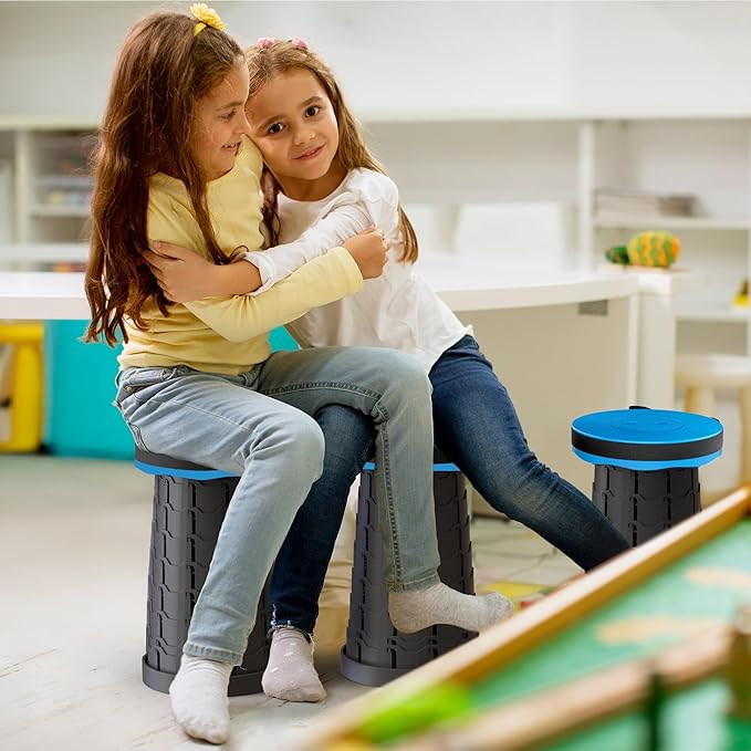 NEW IMPROVED PLASTIC MATERIAL QUALITY BLUE Collapsible Stool - Durable, Foldable, Adjustable Collapsible Seat for Outdoors, Camping, Home - Strong, Safe, Compact Portable - Versatile Telescopic Stool