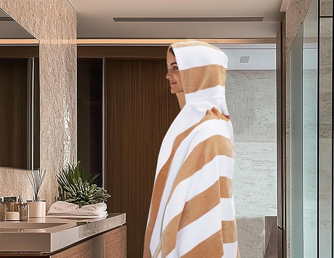 COTTON CRAFT Hooded Beach Towel - Oversized XXL 35x84 Towel with Hood for Adults - The Big Kahuna 7 Foot Beach Blanket Towel - Big & Tall Soft 100% Cotton Velour - Pool Bath Wrap - Cabana Stripe Linen