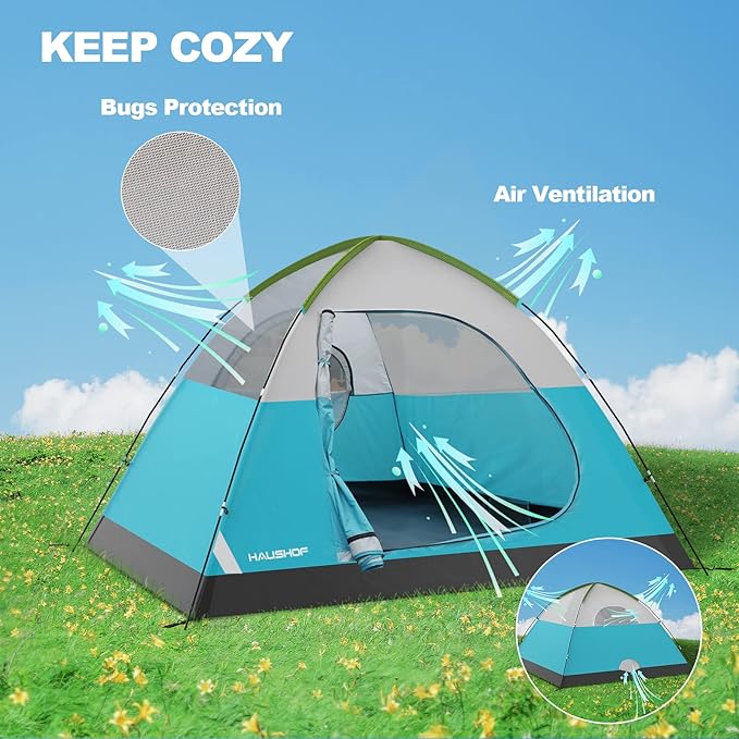 HAUSHOF 2/4-Person Family Dome Tent with Removable Rain-Fly, Easy Set Up Portable Camping Tent for Backpacking Hiking Backyard Outdoor, Green/Blue/2-person/4-person