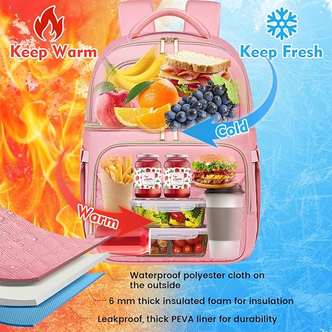 Backpack Cooler Lunch Backpack Double Decker Lunch Box,Insulated Backpack Lunch Cooler Bag, Lightweight Leakproof Lunchbox Backpack for Women Men to Travel,Picnic,Hiking,Beach,Camping