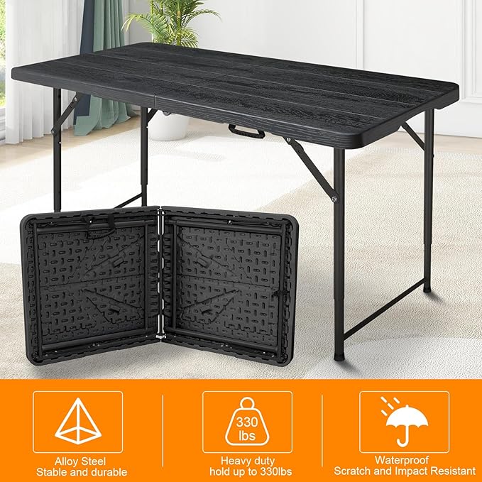 4ft Folding Table, Portable Fold-in-Half Adjustable Height Utility Table for Indoor/Outdoor Use, Durable HDPE & Steel, Stable & Lightweight, Multi-Purpose, Black Woodgrain