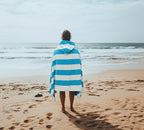 COTTON CRAFT Hooded Beach Towel – Oversized 35 x 70 Towel with Hood for Adults - 100% Cotton Velour Dobby Terry Towel - 450 GSM Pool Bath Wrap - Soft Absorbent Quick Dry – Cabana Stripe Aqua