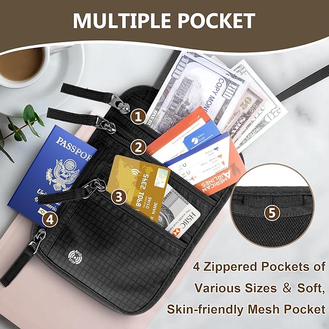 Likesing 5.5" L x 7.8" W Travel Neck Wallet, RFID Blocking Passport Holder for Travel Women Men, Security Travel Wallet with Tracker Case, Neck Passport Pouch Gifts for Traveling (Dark Grey)