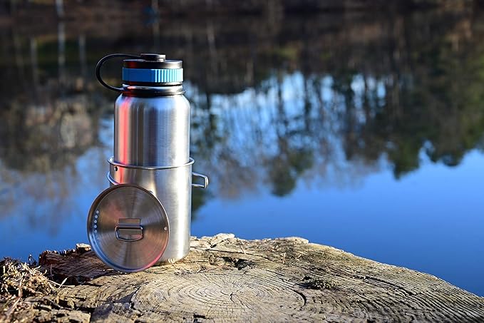 Canteen Stainless Steel Water Bottle with Nested Camping Cup and Lid for Bug Out Bag, Bushcraft Gear, Metal Canteen with a Wide Mouth Water Bottle and Mess Kit