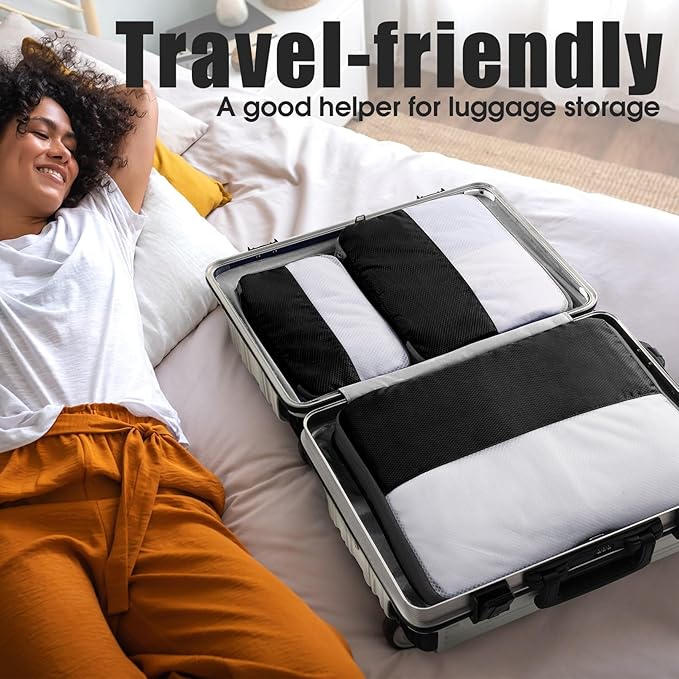 9 Set Compression Packing Cubes for Travel, Bonus Versatile Drawstring Backpack, Lightweight Luggage Organizer Bags, Sturdy Travel Accessories for Suitcase, Black