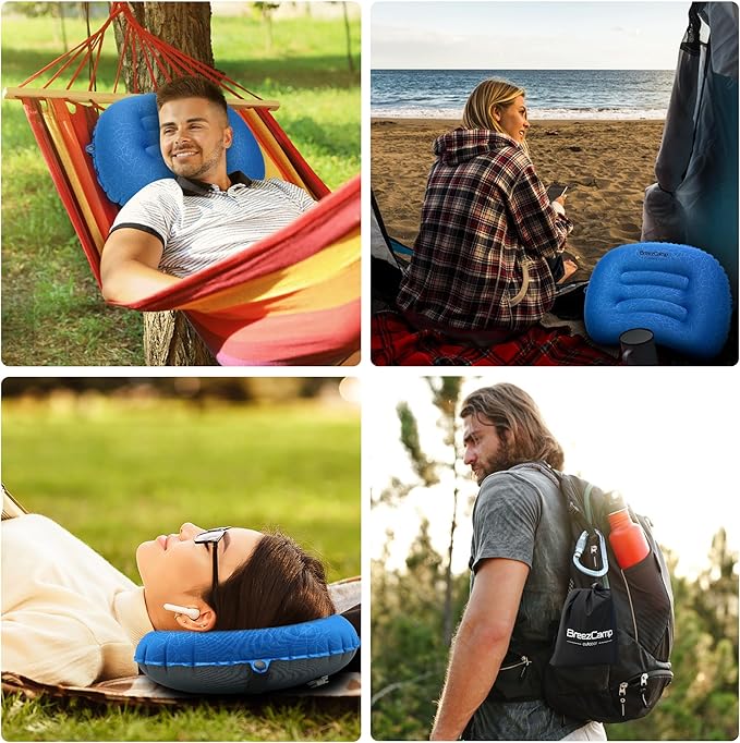Inflatable Camping Pillow, Travel Blow Up Air Pillow, Neck Lumbar Support Ultralight Compact Pillow for Outdoor Hiking Backpacking Car Beach Airplane Sleeping Essentials, Navy Blue