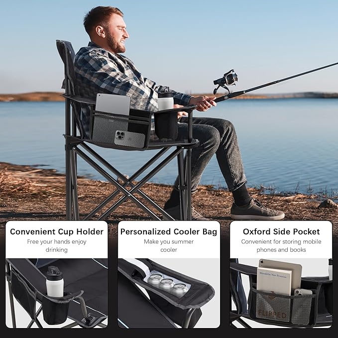 Oversized Folding Camping Chair for Adults - 450lbs Support - Heavy Duty Portable Lawn Chairs with Side Pocket Cup Holder Cooler Bag for Sports Garden Beach Fishing, Black 2 Pack