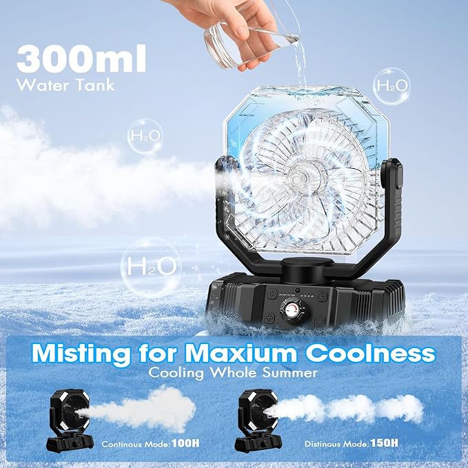 Portable Misting Fan, 20000mAh Battery Operated Fan with 300ml Tank, 45°-90° Oscillation & 270° Rotation, Timer & Lighting, Handheld Camping fan for Indoor, Outdoor, Patios, Tent, Travel, Desk