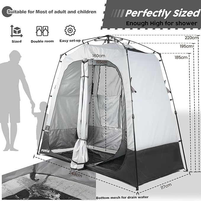 Camping Shower Tent Deluxe Changing Room Easy Set Up Privacy Shelter,Large Toilet Tent with Floor Drain Design for Beach, Camping,Hiking with Stakes and Ropes for Stability