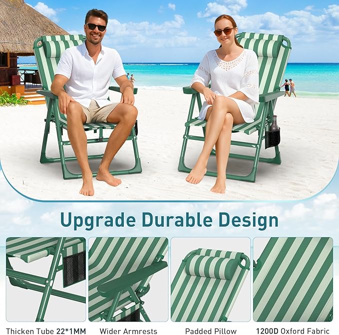 Suteck Backpack Beach Chair for Adults - 6-Position Folding Reclining Chair with Cooler Bag & Cup Holder, Lightweight Portable Beach Chair for Camping, Outdoor, Sand, Travel Use