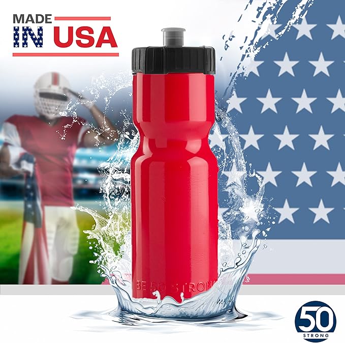 50 Strong Sports Water Bottles – Reusable 22 oz BPA-Free Plastic Bottles with Pull Top Cap – Made in USA – Top Rack Dishwasher Safe – Fits Most Bike Cages Brand