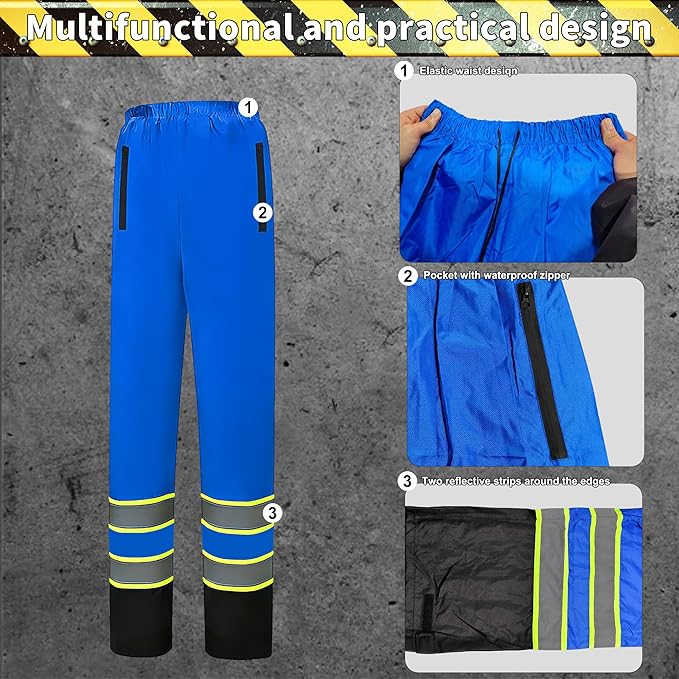 Hi Vis Rain Jacket, Rain Suits for Men with Removable Hood, Rain Coats for Men Interior Mesh, Class 3 High Visibility Rain Gear,Waterproof Zipper Blue S/M