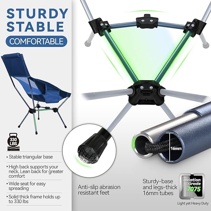 MARCHWAY Lightweight Folding High Back Camping Chair with Head Support, Stable Portable Compact for Outdoor Camp, Travel, Beach, Picnic, Festival, Hiking, Backpacking (Highback Dark Blue)