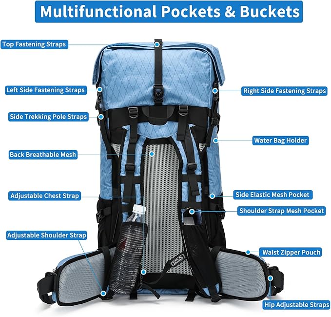 Hiking Backpack,30L +10L Extra Large Capacity Hiking Bag,Internal Frame Camping Backpack,Upgraded X-PAC Lightweight Sport Daypack Travel Backpacks Fit For Mountain Climbing Camping (Blue)