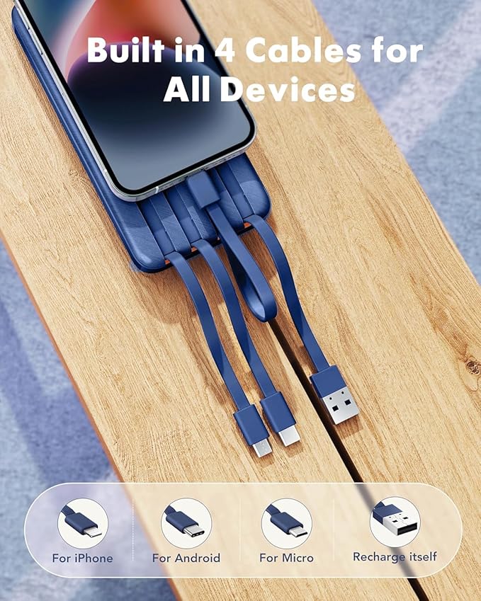 charmast 20000mAh Portable Charger with Built in Cables, 22.5W Travel Power Bank Fast Charging, USB C Cell Phone Battery Pack for iPhone 16/15/14/13/12/11 Series, iPad, Samsung, Android, Tablet