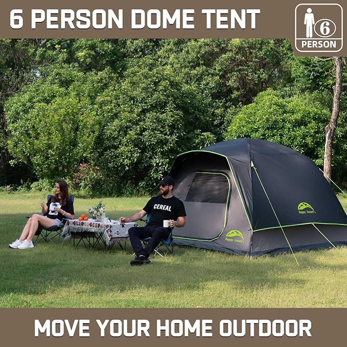 Happy Travel Camping Tent, 4/6 Person Dome Tents for Camping with Rainfly, Waterproof Clip Easy Setup Portable Family Tent with Mesh Windows, 20% More Headroom Backpacking Tents for Camping & Hiking