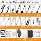 Camping Essentials Cookware Cooking Utensils Set - Portable Camp Kitchen Mess Kit Outdoor Accessories, Stainless Steel & Silicone, Camping Gear Equipment for RV Picnic Grill