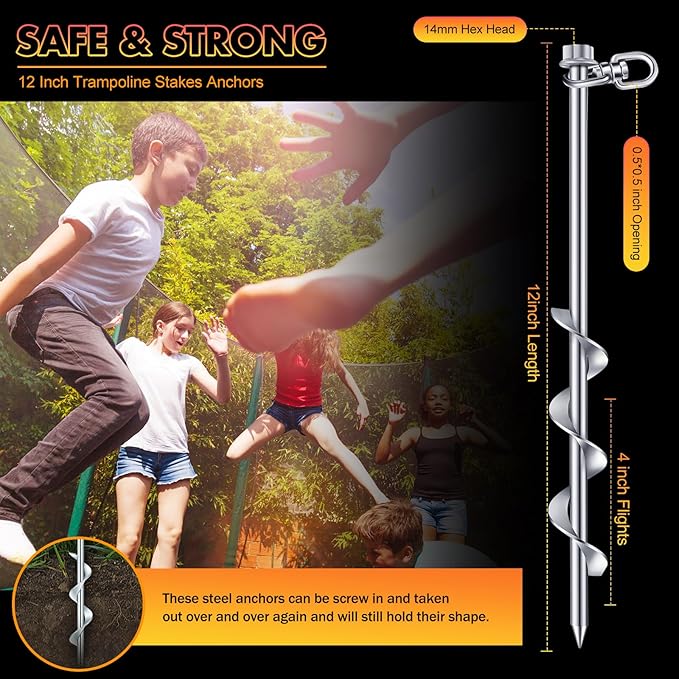 Zhengmy 24 Pcs Ground Anchors Screw in, 12 Inch Heavy Duty Tent Stakes with Trampoline Anchor Hook Ground Stakes for Camping Tent Canopies Ports Sheds Swing Sets Securing Animals (Silver)