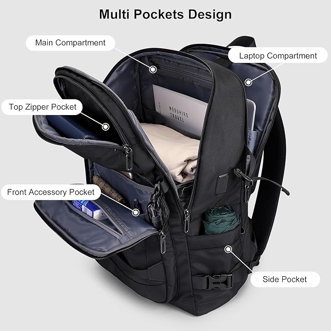 PIJUSHI Travel Backpack for Women Men Flight Aprroved Carry on Bag Large Casual Luggage Backpack Fit 16 inch Laptop(PE050 Black)