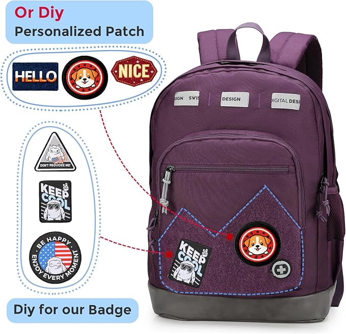 Swissdigital Design Big Student Laptop Backpack with Fun Personalized Patches For College Boy & Girl, Middle High School Teen Bookbag Cool Travel Daypack Purple - Includes 3 Patches | SD1718-51