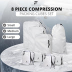 8 Piece Compression Packing Cubes Set - Double Capacity Design for Travel - Small, Medium & Large Sizes - Carry-On Suitcase Organizer Bags (White)