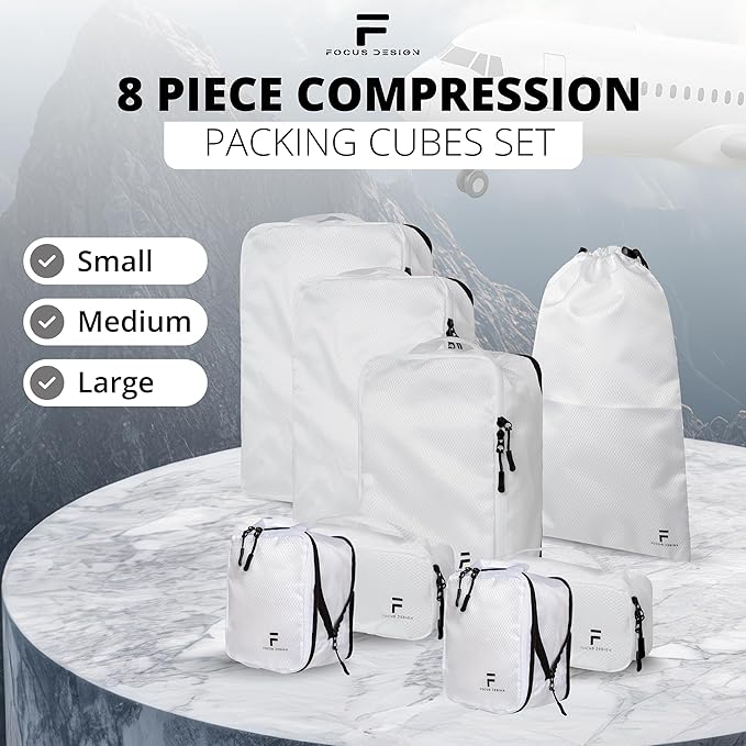 8 Piece Compression Packing Cubes Set - Double Capacity Design for Travel - Small, Medium & Large Sizes - Carry-On Suitcase Organizer Bags (White)