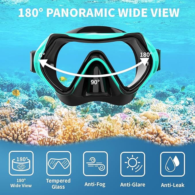 Snorkeling Gear for Adults, JRing Snorkel Mask Set with 180 Degree Tempered Glass Anti Fog Goggles Scuba Dry Top Snorkel for Swimming, Scuba Diving Mask for Men Women