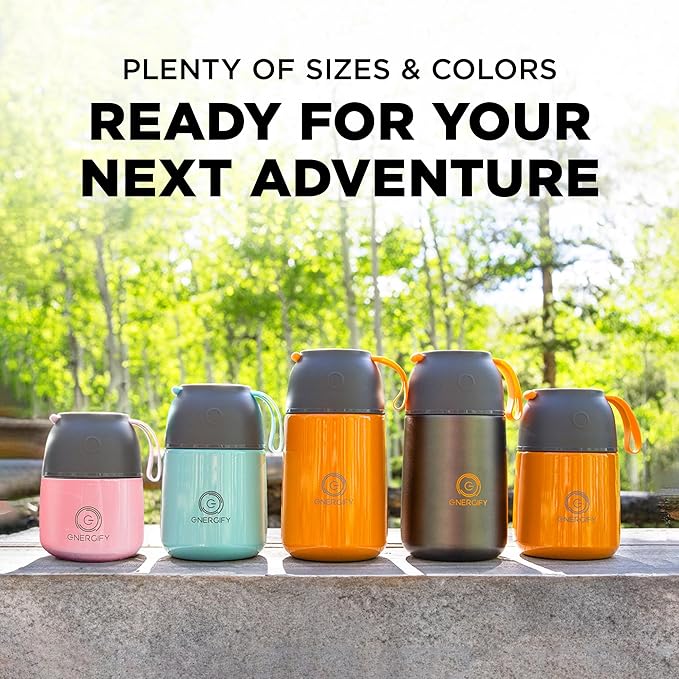 ENERGIFY Vacuum Insulated Food Jar. Large 12oz Bowl incl. Folding Spoon, Cup. Wide Mouth Keep Hot & Cold Drinks Soup Lunch Container for Adults. BPA-Free Stainless Steel, Leak Proof Fusion Coral