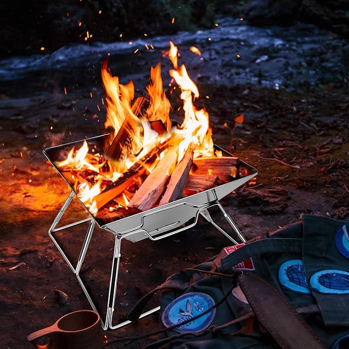 Odoland Folding Campfire Grill, 304 Stainless Steel Grate Barbeque Grill, Portable Camping Grill with Legs for Picnics, Backpacking, Outdoor with Carrying Bag and Kitchen Tongs