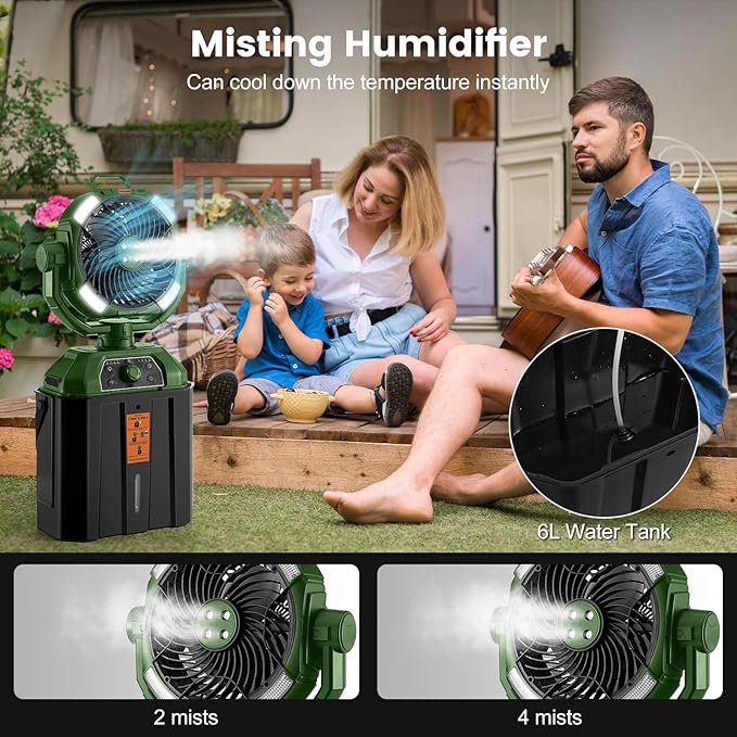 Odoland Portable Camping Fan with LED Light, 30000mAh Rechargeable Battery Operated Oscillating Fan with Remote & Hook, 6L Bucket Misting Fan for Outdoors Patios,Travel,Jobsite, Green