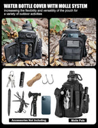 Tactical Half Gallon Water Bottle with Straw, 64 oz Insulated Water Jug with Molle Sleeve, Stainless Steel Sport Bottle with 3 BPA Free Lids for Gym Workout Hiking (Black, 64OZ)