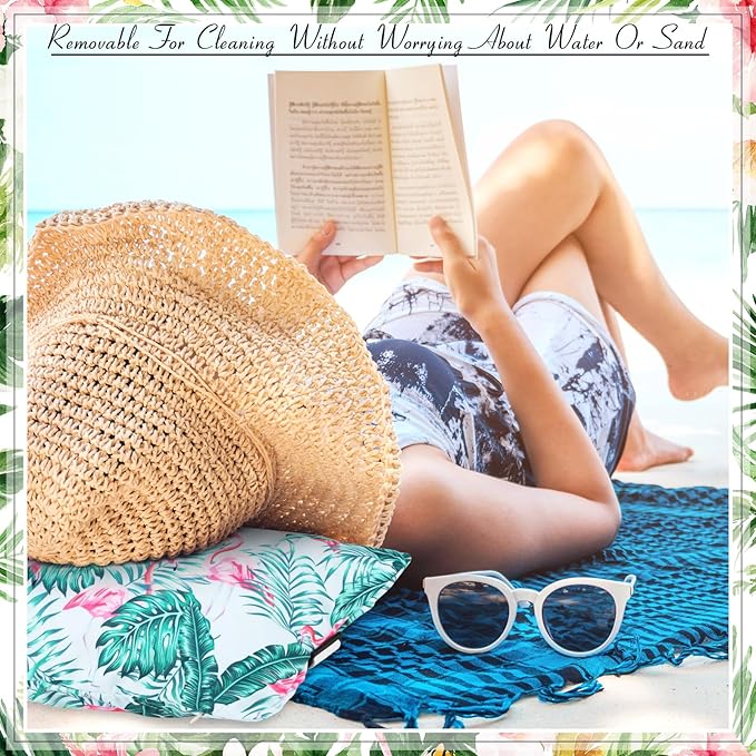 Inflatable Beach Pillow with Removable Cover Outdoor Pool Pillow Beach Chair Pillows for Sand Inflatable Camping Pillow for Travel Vacations, Tropical Flamingo