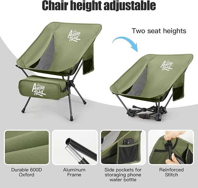 Ultralight Backpacking Chair,2.2lb Compact Folding Camping Chair,Supports 300lbs,Portable Travel & Hiking Chair,Lightweight Design,Perfect for Hiking Gear, Picnics and Traveling, (Green)