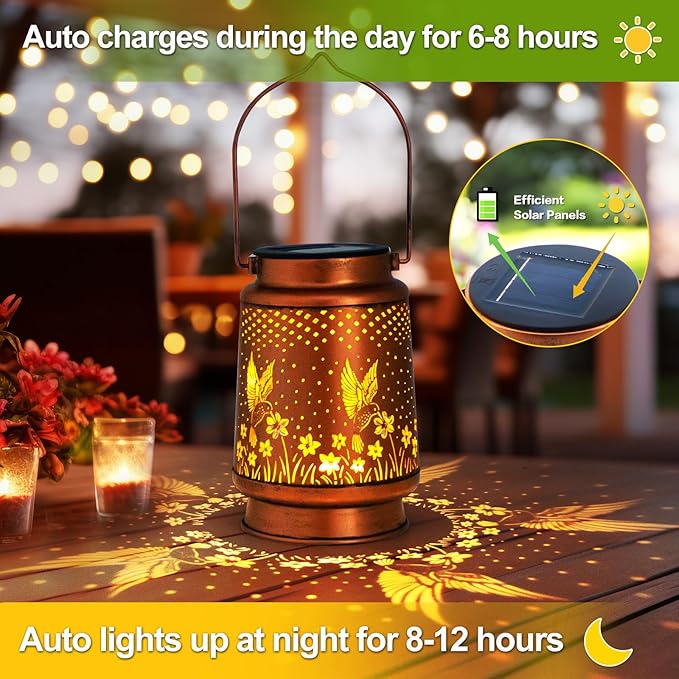 Hummingbird Birthday Gifts for Women Mom Grandma Solar Lanterns Outdoor Waterproof Garden Decor Metal Hanging LED Decorative Light for Patio Yard Lawn Backyard Front Porch Gardening Gifts