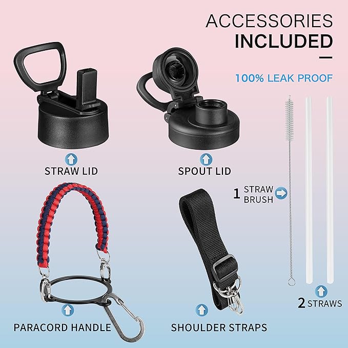 KXIAOCHEN Insulated Water Bottle, Stainless Steel Water Bottle, 2 Lids (Straw and Handle Lid),Wide Mouth Metal Water Bottles Keep Hot and Cold, Double Walled, Thermo Mug, Metal Canteen