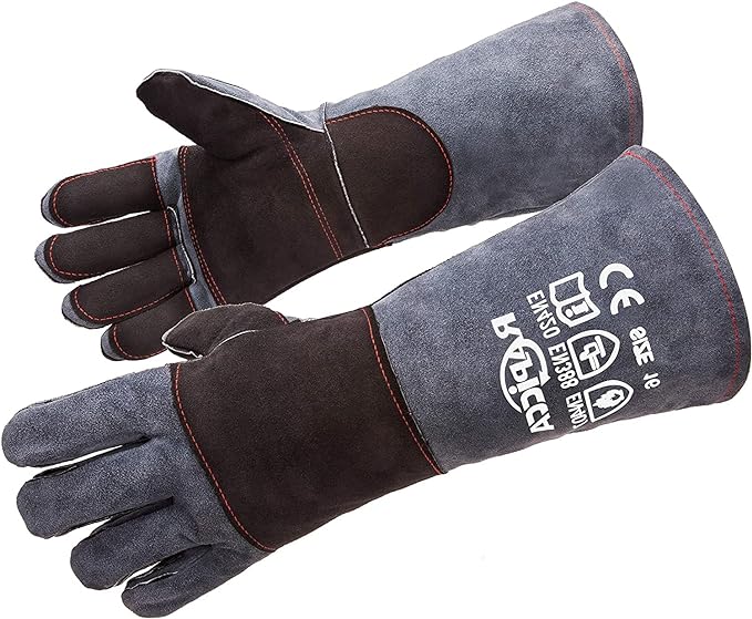 Fireplace Gloves Fire Heat Resistant: Dark-Grey 16IN 932℉ - Fireproof Leather for Fireplace Fire Pit Wood Stove Campfire Furnace BBQ Grill Oven Stick Mig Welding Welder Gear - Birthday Gift XL