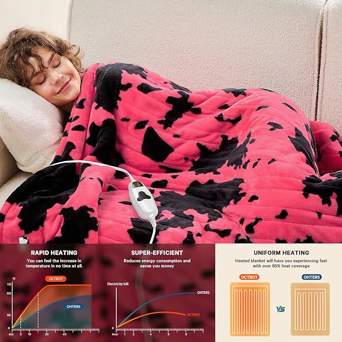 Cow Print Electric Heated Blanket King Size,90X100 Pink Heating Blanket King With Dual Control&Timer&10 Heat Levels,Highland Cow Decor Fleece Sherpa Blankets Warmer Gifts for Bed Women Adults,ETL