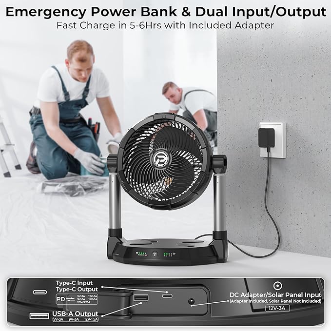 PANERGY Portable Battery Fan for Outdoors-40000mAh Rechargeable Battery, 4-Speed Fan,34.6" Height Adjustable,180° Pivoting Head & Dual Extendable rod for Camping/Beach/Patio/Jobsite/Workshop