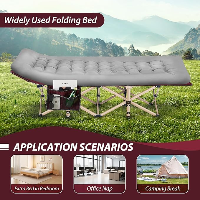 Folding Camping Cot for Sleeping, Portable Cots for Adults, Heavy Duty Cot Bed 550LBS(Max Load), Extra Wider Cots with Large Pocket for Outdoor, Office, Beach