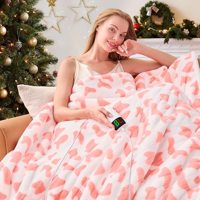 Cow Print Heated Electric Blanket Twin,62X84 Pink Heating Blanket with 10 Heats Levels & 8 Hours Auto Off,Cute Cow Decor Fleece Sherpa Blankets Warmer Gifts for Women Couch Office,Washable,ETL