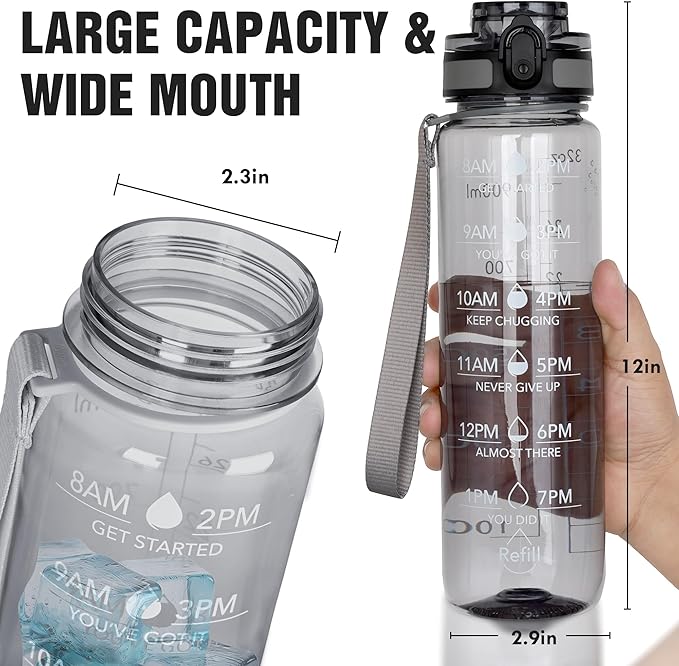 OLDLEY Water Bottle, 32oz Motivational Sports Water Bottle with Time Marker - Times to Drink - Tritan, BPA Free, Wide Mouth Leakproof,Smoke Grey (1 Bottle)