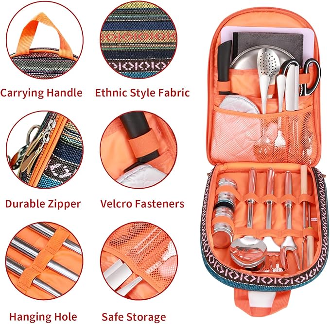 Portable Camping Kitchen Utensil Set-27 Piece Cookware Kit, Stainless Steel Outdoor Cooking and Grilling Utensil Organizer Travel Set Perfect for Travel, Picnics, RVs, Camping, BBQs, Parties and More