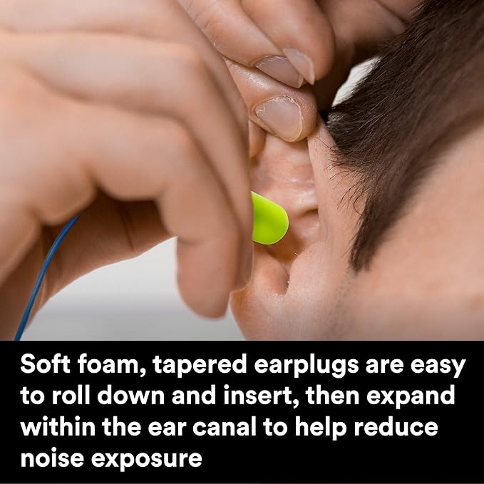 3M Ear Plugs, E-A-Rsoft Yellow Neons 311-4106, Metal Detectable Cord, 200 Pair of Disposable Earplugs, Pairs Wrapped, Regular Size, Corded, 32 NRR, Tapered Cylinder Shape, Slow Recovery Foam